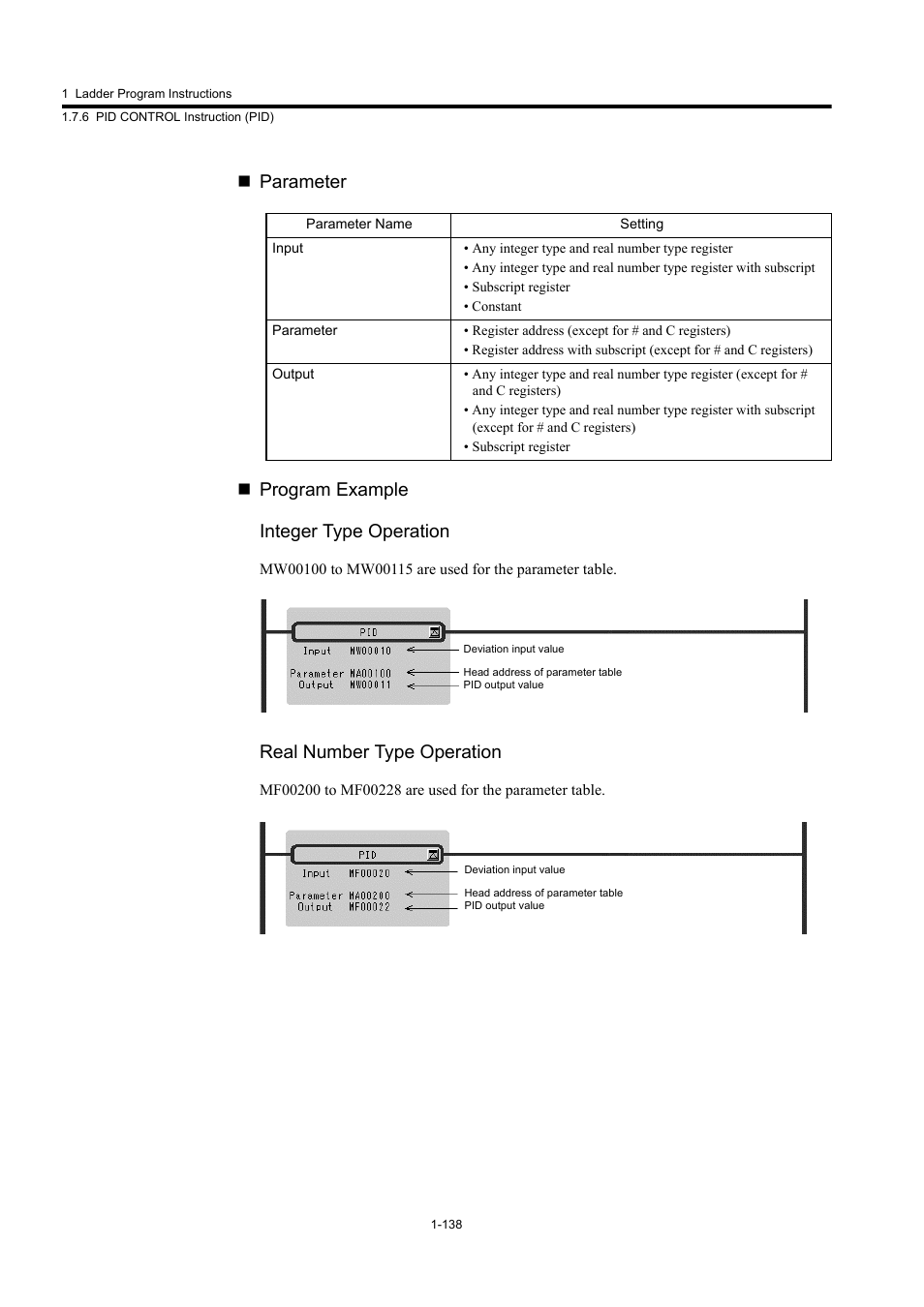 Parameter  program example integer type operation, Real number type operation | Yaskawa MP900 Series Machine Controller New Ladder Editor User Manual | Page 148 / 250