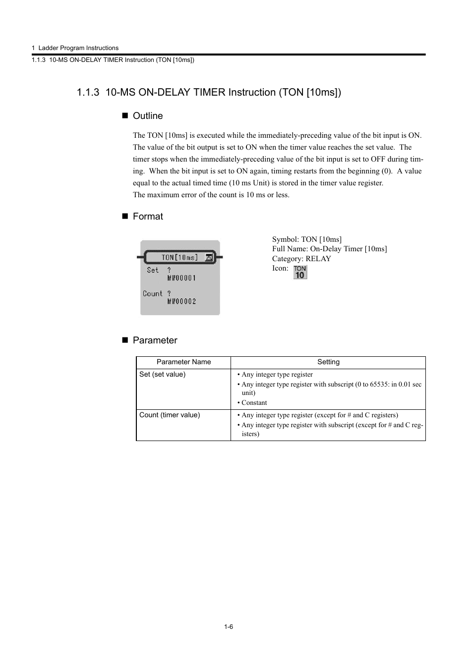 3 10-ms on-delay timer instruction (ton [10ms]), Outline, Format  parameter | Yaskawa MP900 Series Machine Controller New Ladder Editor User Manual | Page 16 / 250