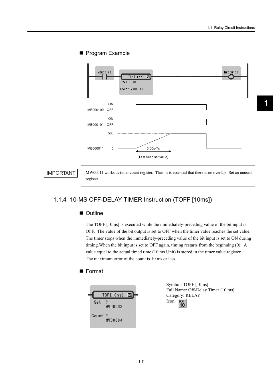 4 10-ms off-delay timer instruction (toff [10ms]), Program example, Outline | Format | Yaskawa MP900 Series Machine Controller New Ladder Editor User Manual | Page 17 / 250