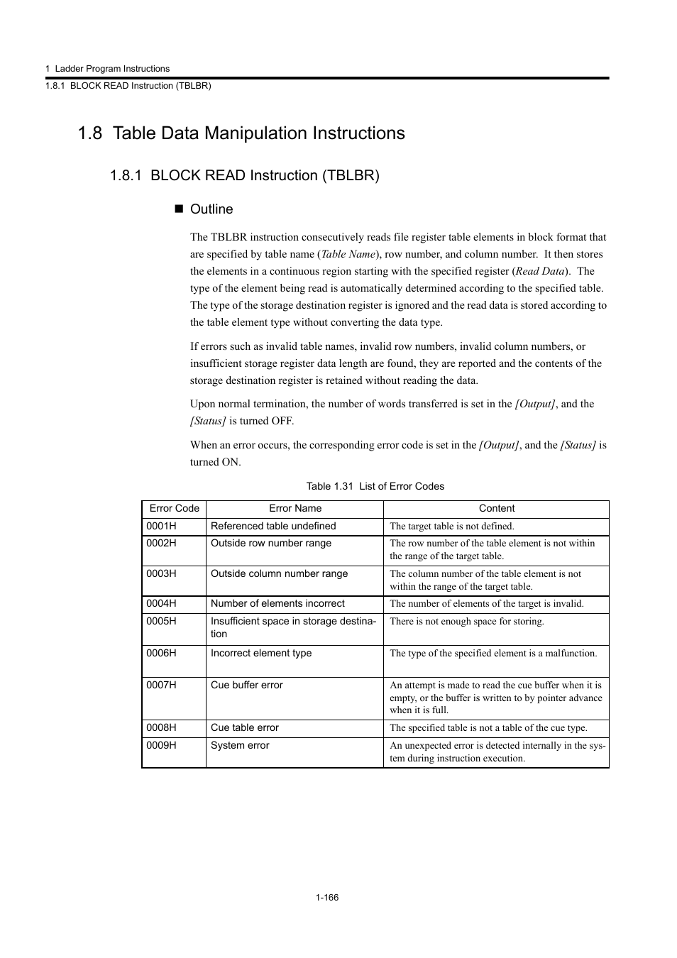 8 table data manipulation instructions, 1 block read instruction (tblbr), Outline | Yaskawa MP900 Series Machine Controller New Ladder Editor User Manual | Page 176 / 250