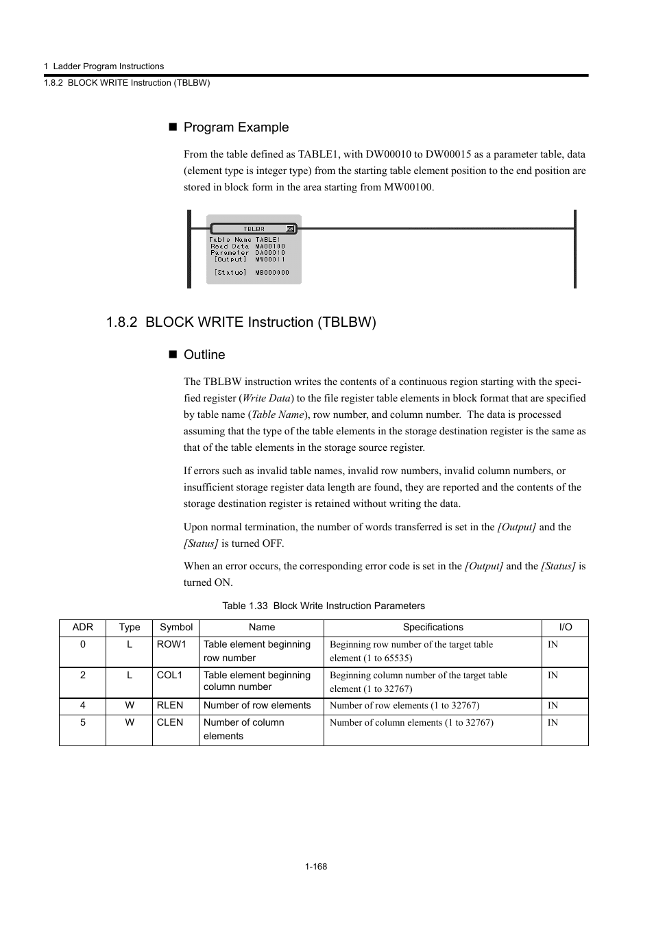 2 block write instruction (tblbw), Program example, Outline | Yaskawa MP900 Series Machine Controller New Ladder Editor User Manual | Page 178 / 250