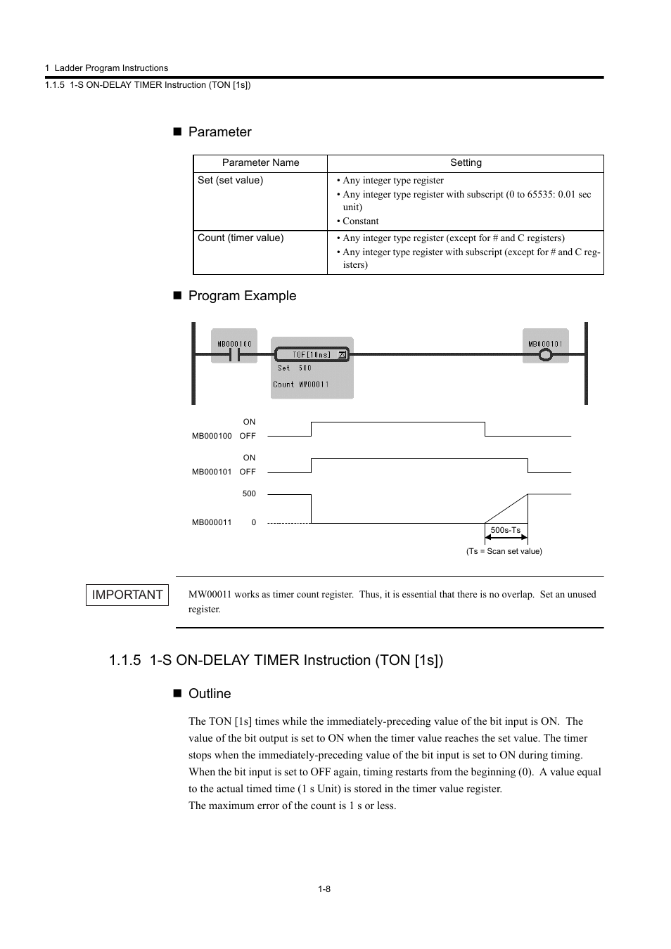5 1-s on-delay timer instruction (ton [1s]), Parameter  program example, Outline | Yaskawa MP900 Series Machine Controller New Ladder Editor User Manual | Page 18 / 250