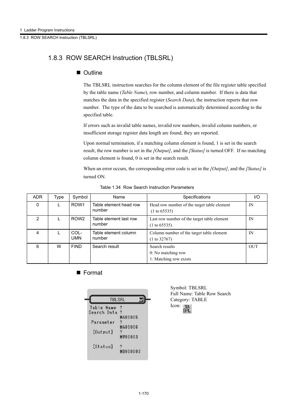 3 row search instruction (tblsrl), Outline, Format | Yaskawa MP900 Series Machine Controller New Ladder Editor User Manual | Page 180 / 250