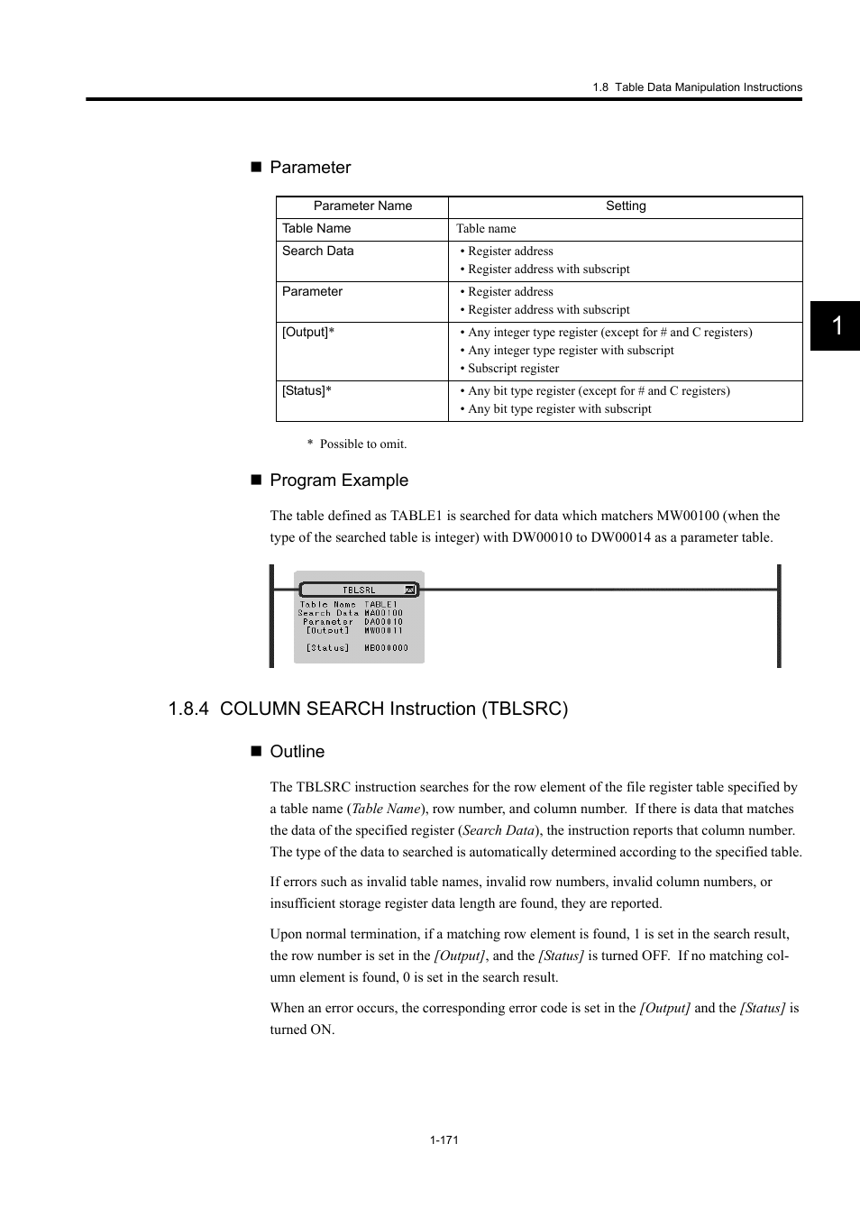4 column search instruction (tblsrc) | Yaskawa MP900 Series Machine Controller New Ladder Editor User Manual | Page 181 / 250