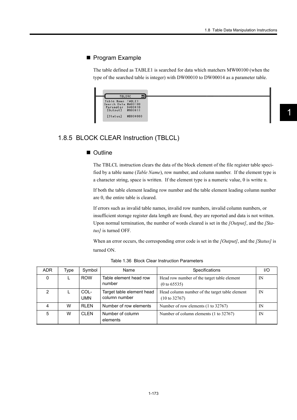5 block clear instruction (tblcl), Program example, Outline | Yaskawa MP900 Series Machine Controller New Ladder Editor User Manual | Page 183 / 250