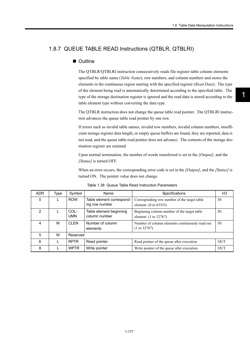 7 queue table read instructions (qtblr, qtblri), Outline | Yaskawa MP900 Series Machine Controller New Ladder Editor User Manual | Page 187 / 250