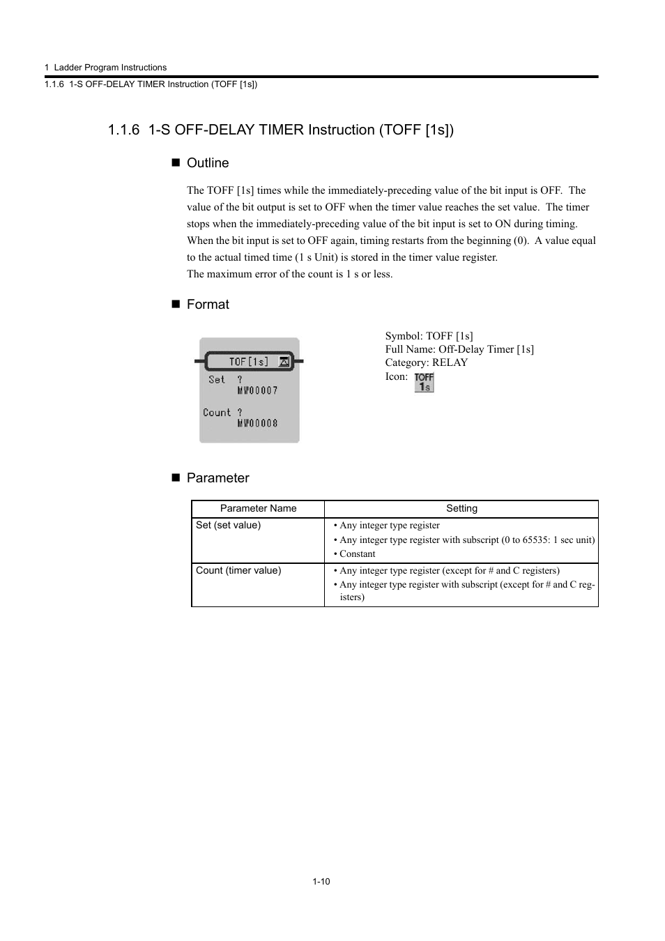 6 1-s off-delay timer instruction (toff [1s]) | Yaskawa MP900 Series Machine Controller New Ladder Editor User Manual | Page 20 / 250