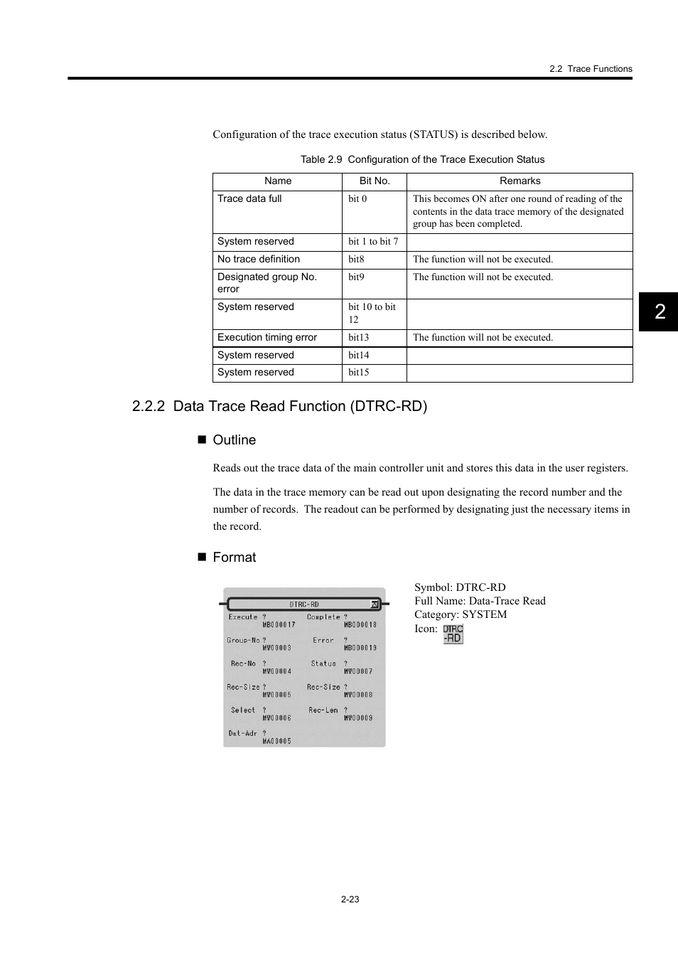 2 data trace read function (dtrc-rd), Outline, Format | Yaskawa MP900 Series Machine Controller New Ladder Editor User Manual | Page 216 / 250