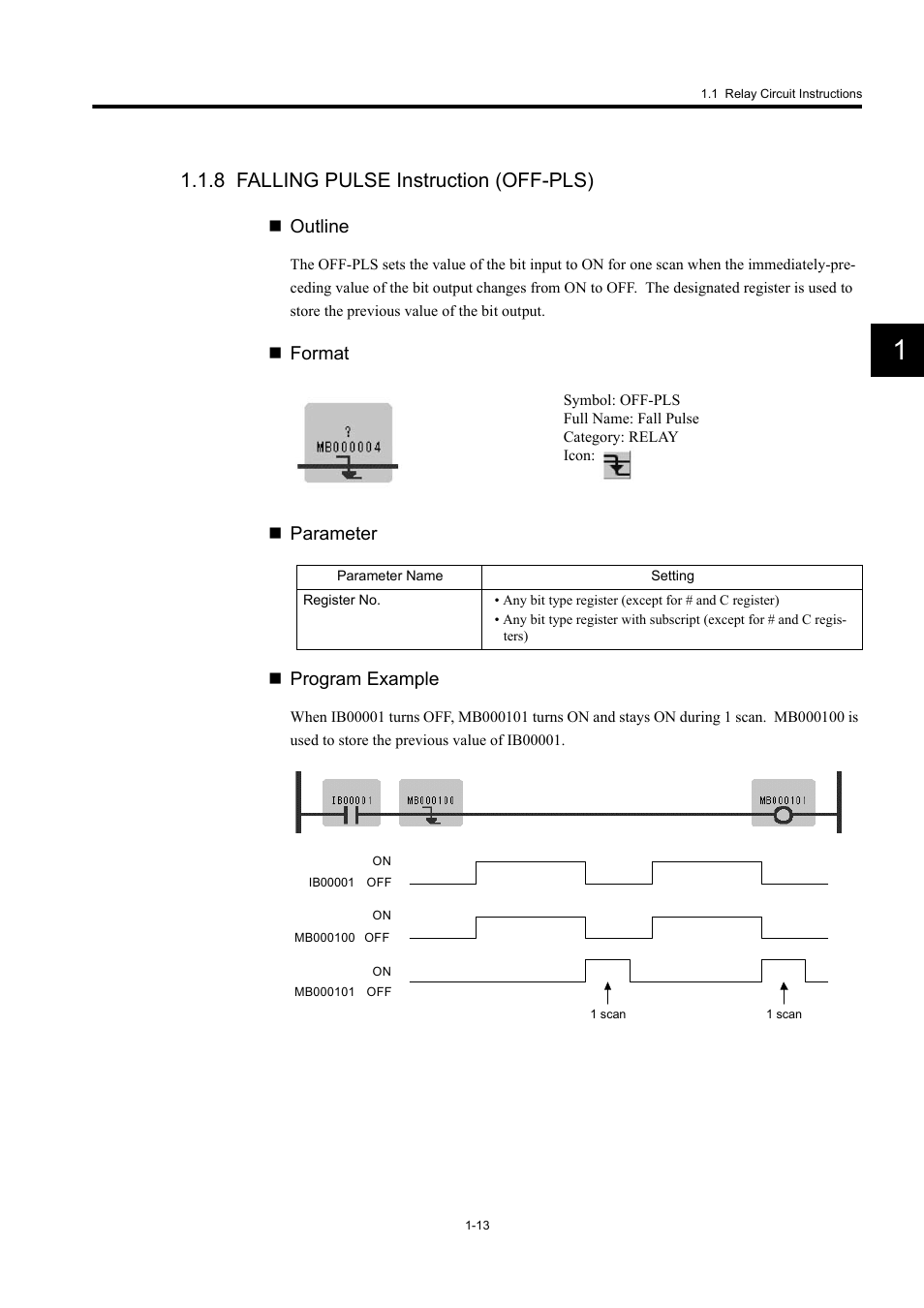 8 falling pulse instruction (off-pls), Outline, Format  parameter  program example | Yaskawa MP900 Series Machine Controller New Ladder Editor User Manual | Page 23 / 250