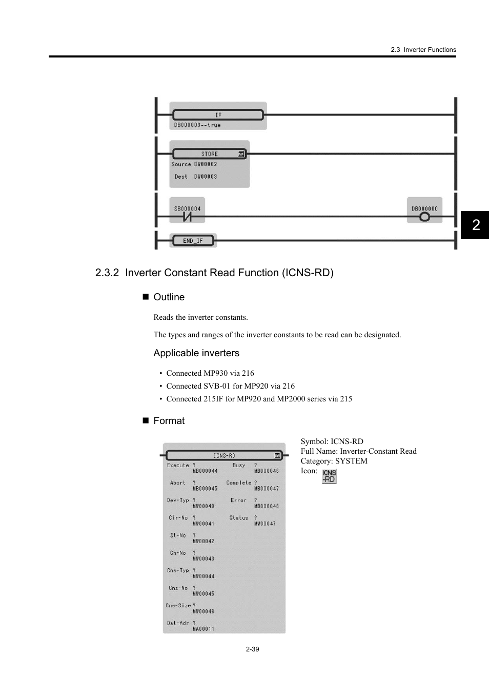 2 inverter constant read function (icns-rd) | Yaskawa MP900 Series Machine Controller New Ladder Editor User Manual | Page 232 / 250