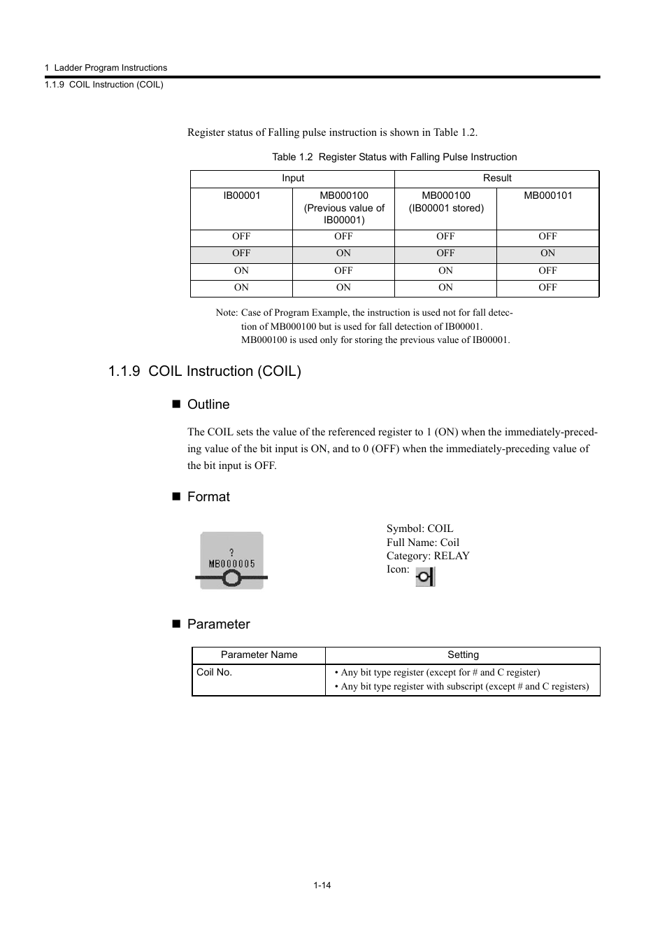 9 coil instruction (coil), Outline, Format  parameter | Yaskawa MP900 Series Machine Controller New Ladder Editor User Manual | Page 24 / 250
