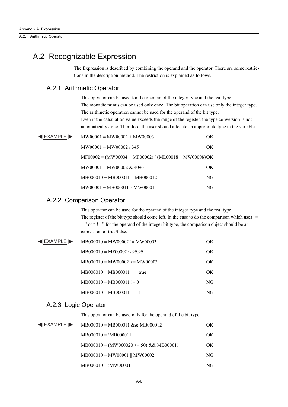 A.2 recognizable expression, A.2.1 arithmetic operator, A.2.2 comparison operator | A.2.3 logic operator | Yaskawa MP900 Series Machine Controller New Ladder Editor User Manual | Page 244 / 250
