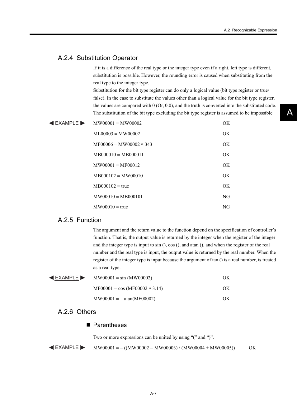 A.2.4 substitution operator, A.2.5 function, A.2.6 others | Yaskawa MP900 Series Machine Controller New Ladder Editor User Manual | Page 245 / 250