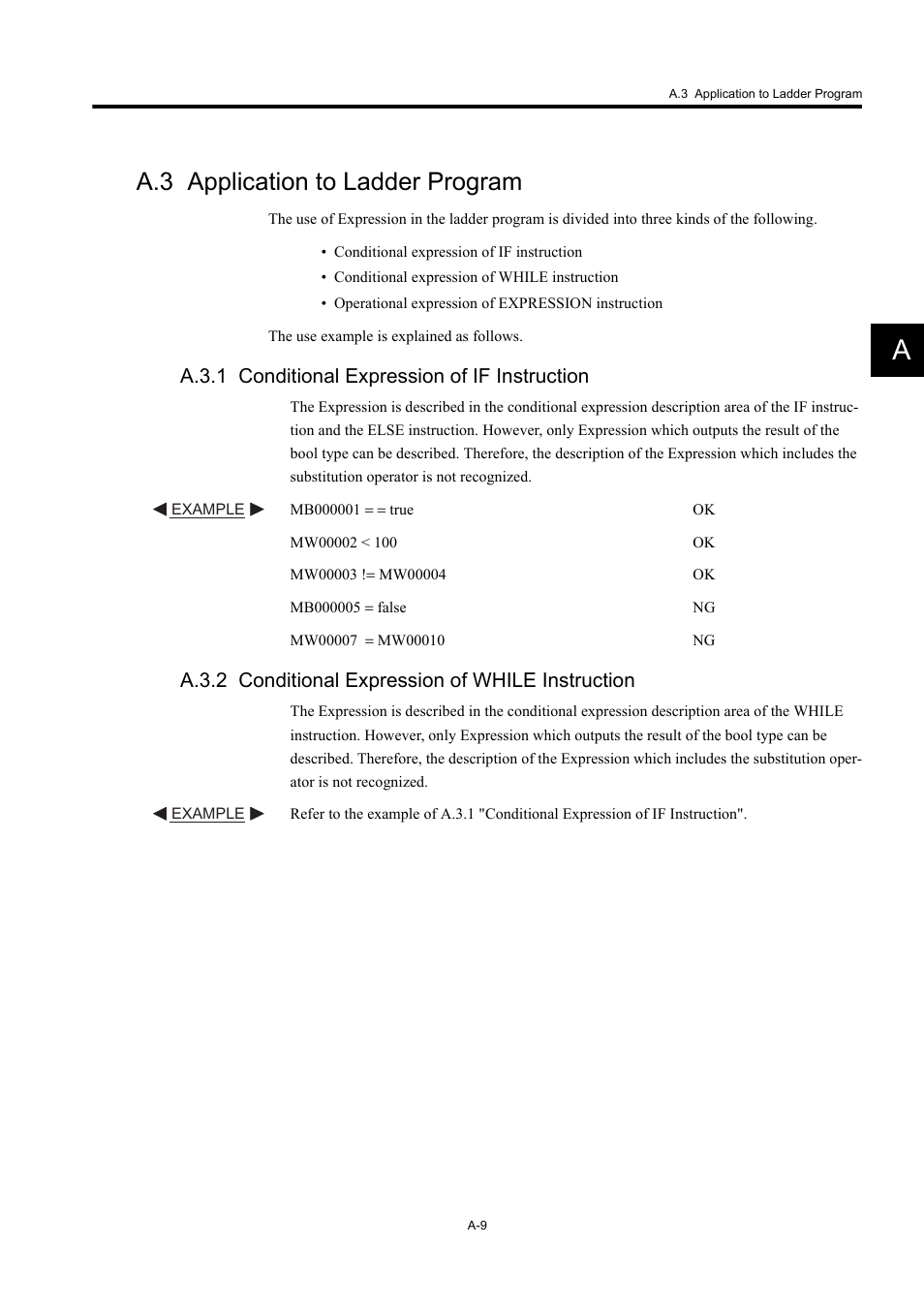 A.3 application to ladder program, A.3.1 conditional expression of if instruction, A.3.2 conditional expression of while instruction | Yaskawa MP900 Series Machine Controller New Ladder Editor User Manual | Page 247 / 250