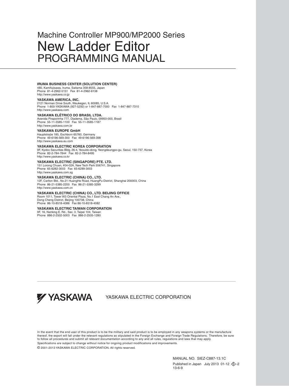 Back cover, New ladder editor, Programming manual | Yaskawa electric corporation | Yaskawa MP900 Series Machine Controller New Ladder Editor User Manual | Page 250 / 250