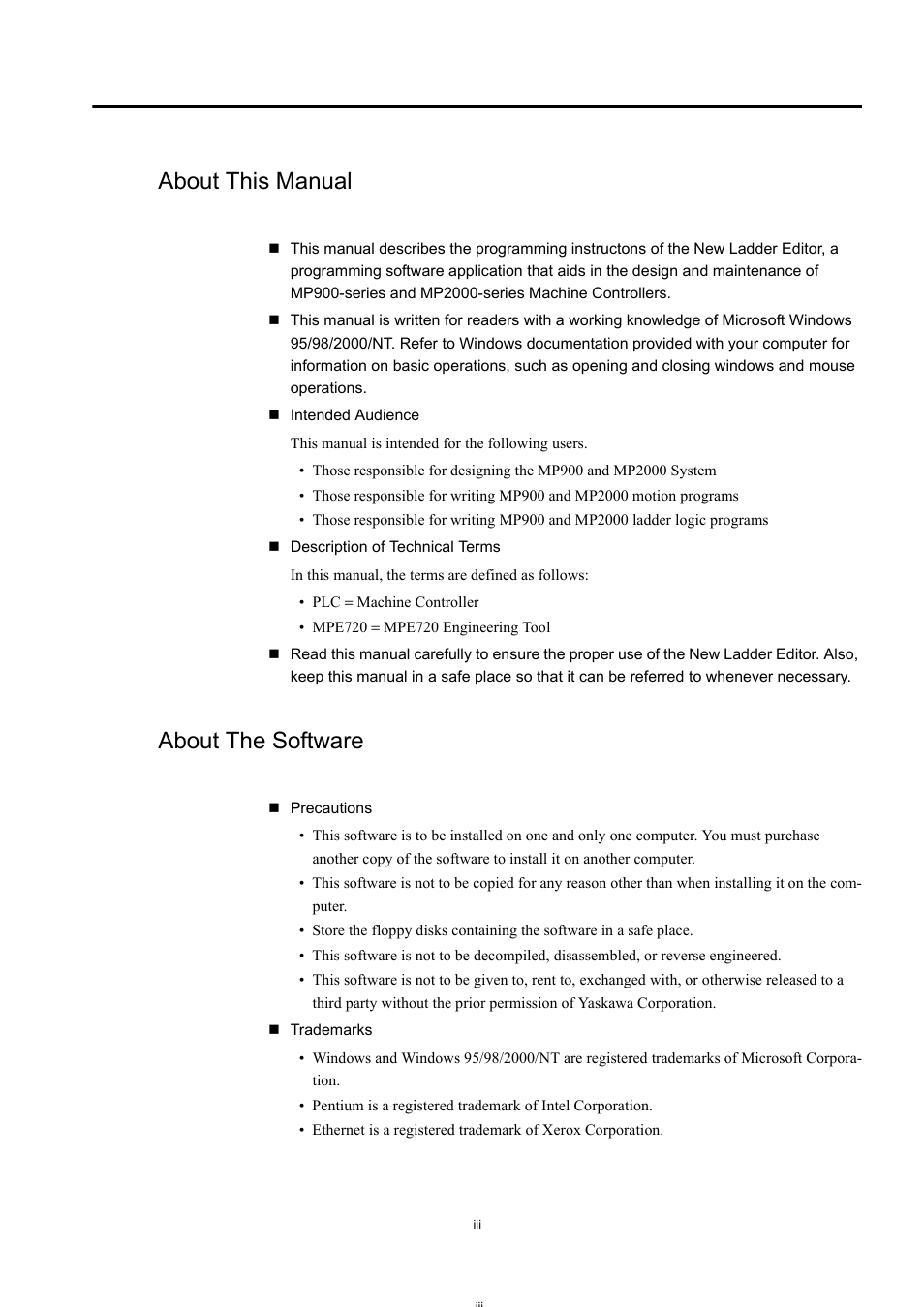 About this manual, About the software | Yaskawa MP900 Series Machine Controller New Ladder Editor User Manual | Page 3 / 250
