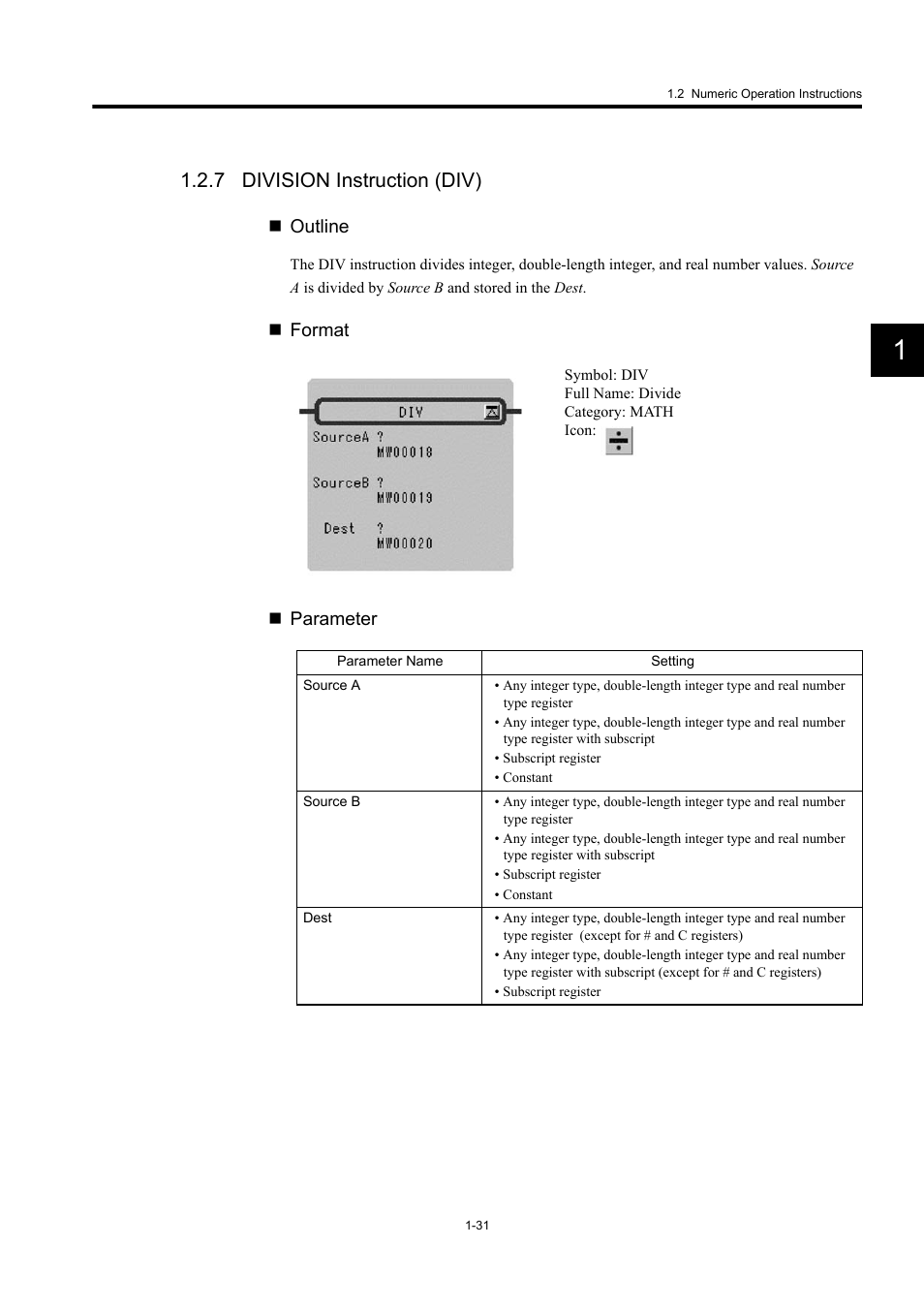 7 division instruction (div), Outline, Format  parameter | Yaskawa MP900 Series Machine Controller New Ladder Editor User Manual | Page 41 / 250