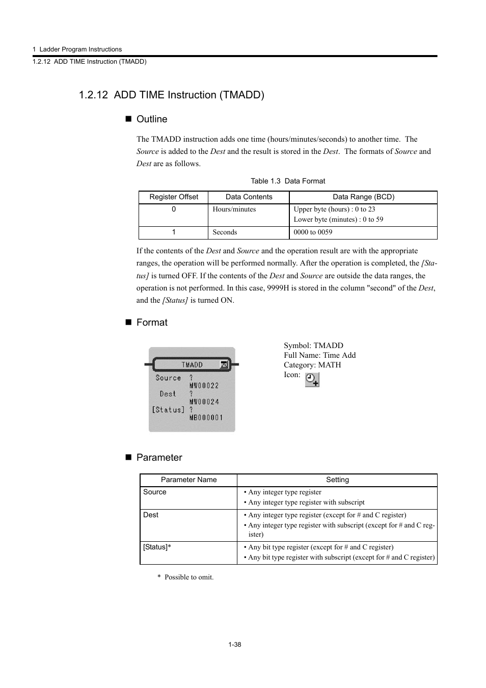 12 add time instruction (tmadd), Outline, Format  parameter | Yaskawa MP900 Series Machine Controller New Ladder Editor User Manual | Page 48 / 250