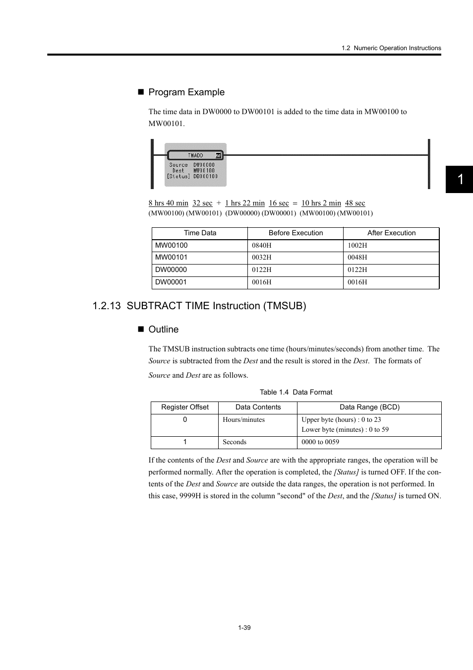 13 subtract time instruction (tmsub), Program example, Outline | Yaskawa MP900 Series Machine Controller New Ladder Editor User Manual | Page 49 / 250