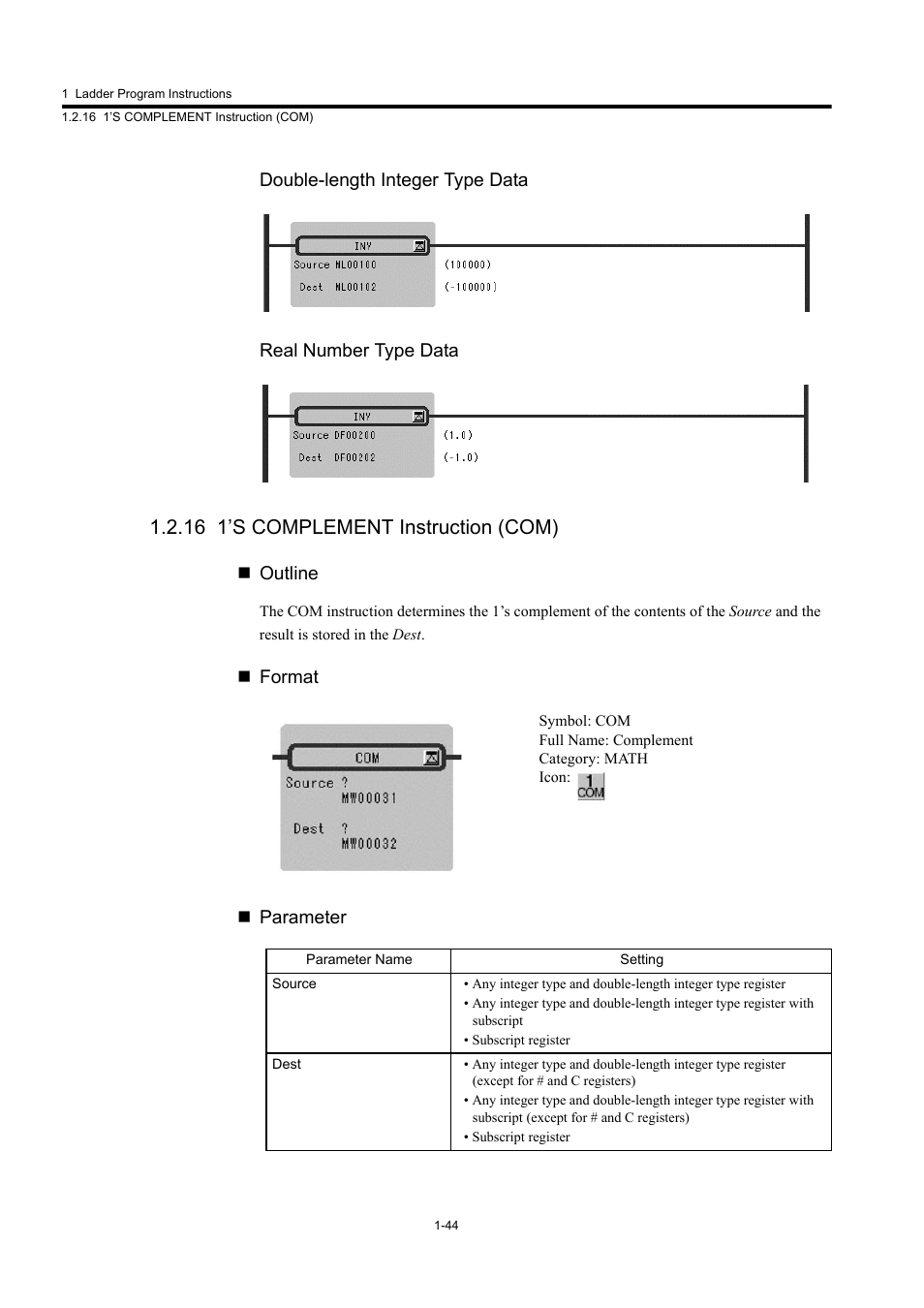 16 1’s complement instruction (com) | Yaskawa MP900 Series Machine Controller New Ladder Editor User Manual | Page 54 / 250