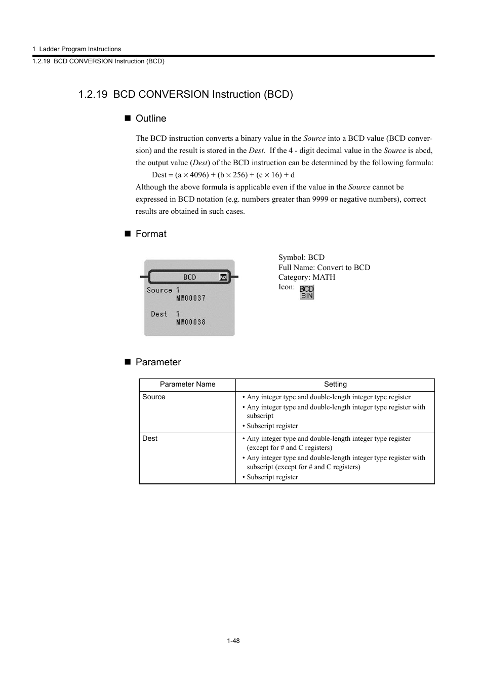 19 bcd conversion instruction (bcd), Outline, Format  parameter | Yaskawa MP900 Series Machine Controller New Ladder Editor User Manual | Page 58 / 250