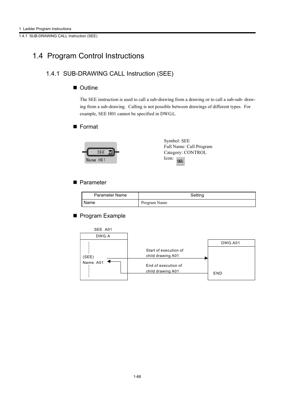 4 program control instructions, 1 sub-drawing call instruction (see), Outline | Format  parameter  program example | Yaskawa MP900 Series Machine Controller New Ladder Editor User Manual | Page 78 / 250
