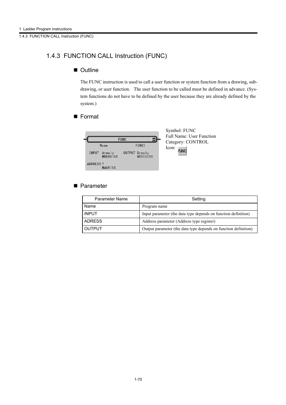 3 function call instruction (func), Outline, Format  parameter | Yaskawa MP900 Series Machine Controller New Ladder Editor User Manual | Page 80 / 250