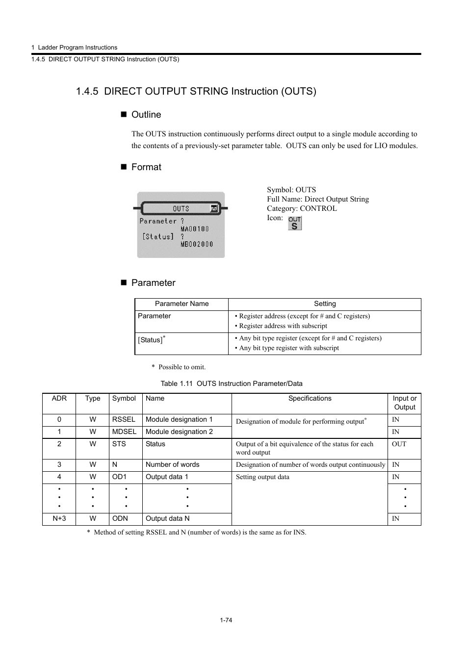 5 direct output string instruction (outs), Outline, Format  parameter | Yaskawa MP900 Series Machine Controller New Ladder Editor User Manual | Page 84 / 250