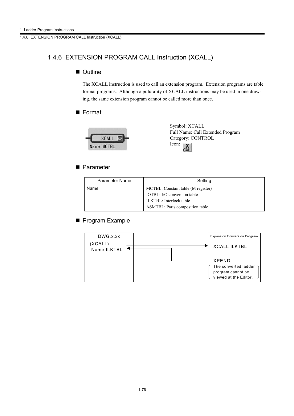 6 extension program call instruction (xcall), Outline, Format  parameter  program example | Yaskawa MP900 Series Machine Controller New Ladder Editor User Manual | Page 86 / 250