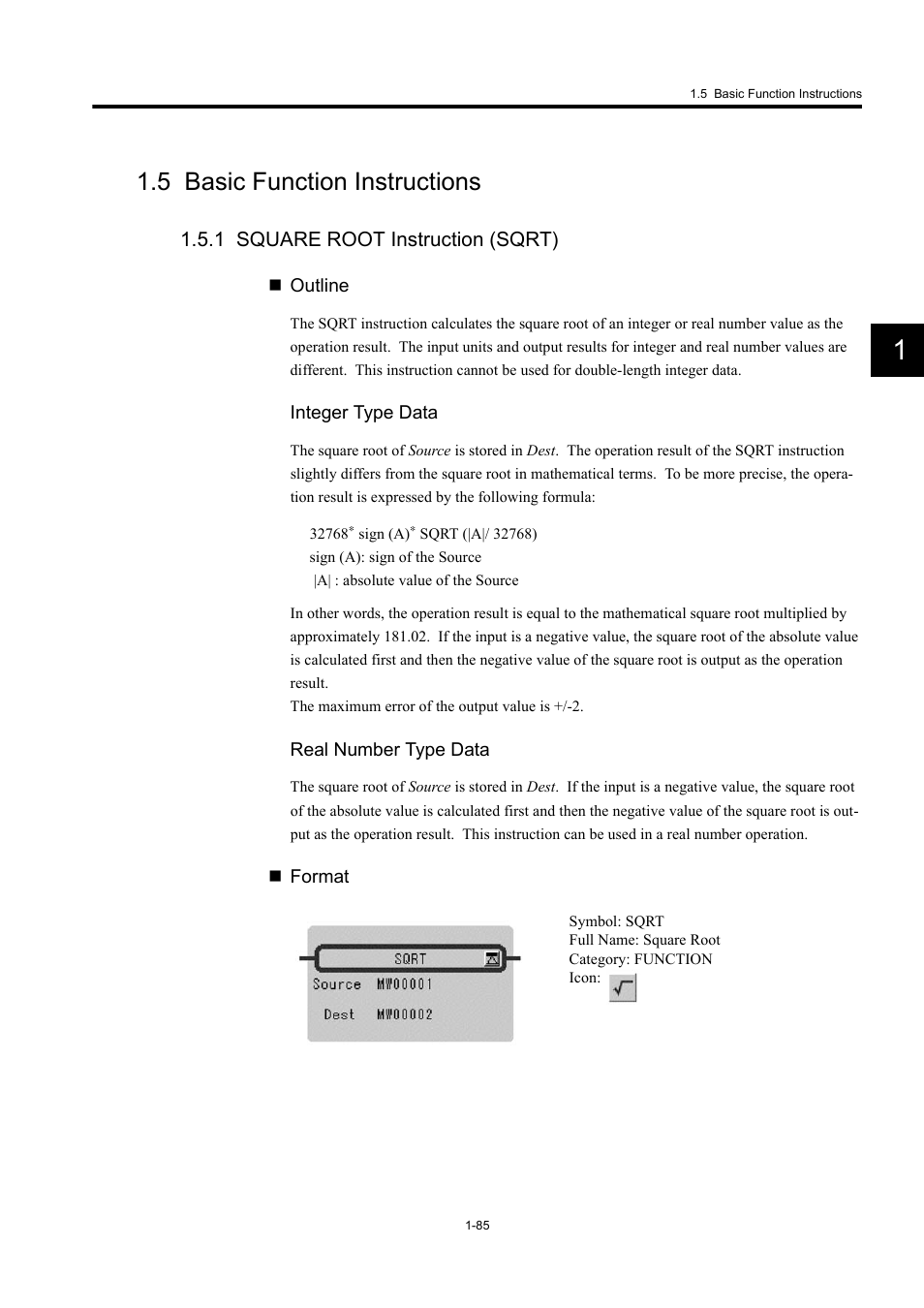 5 basic function instructions, 1 square root instruction (sqrt) | Yaskawa MP900 Series Machine Controller New Ladder Editor User Manual | Page 95 / 250