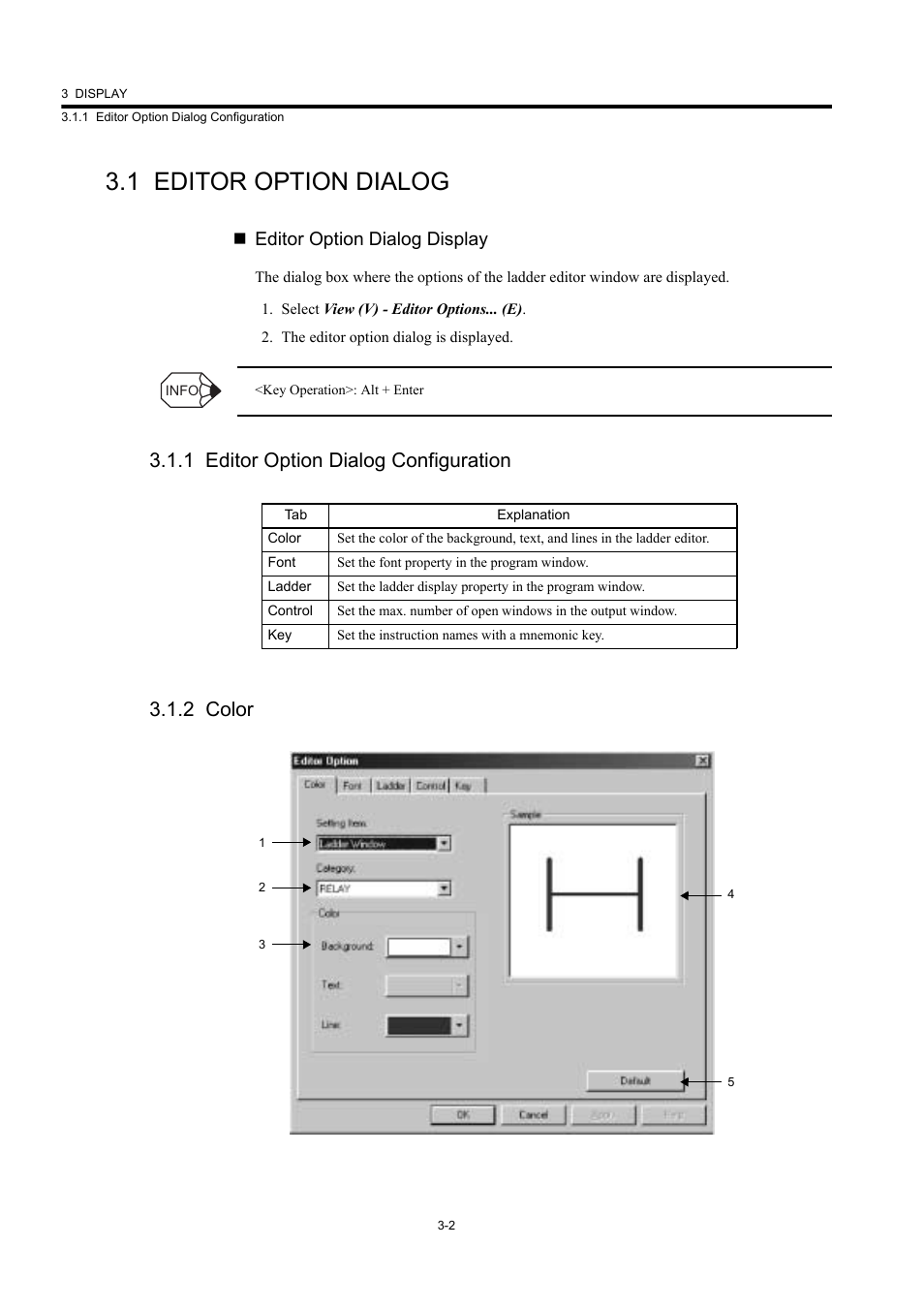 1 editor option dialog, 1 editor option dialog configuration, 2 color | 1 editor option dialog configuration 3.1.2 color, Editor option dialog display | Yaskawa MP900 Series Machine Controller New Ladder Editor User Manual | Page 100 / 226