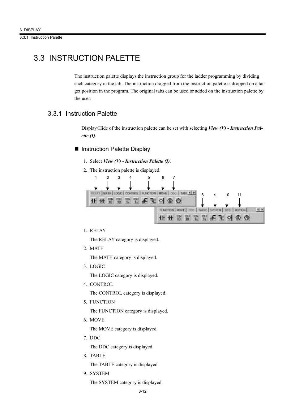 3 instruction palette, 1 instruction palette, Instruction palette display | Yaskawa MP900 Series Machine Controller New Ladder Editor User Manual | Page 110 / 226