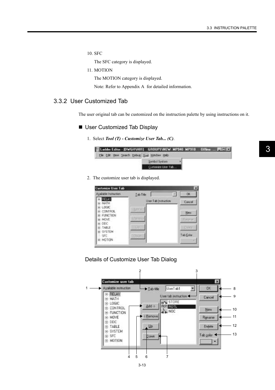 2 user customized tab, User customized tab display, Details of customize user tab dialog | Yaskawa MP900 Series Machine Controller New Ladder Editor User Manual | Page 111 / 226
