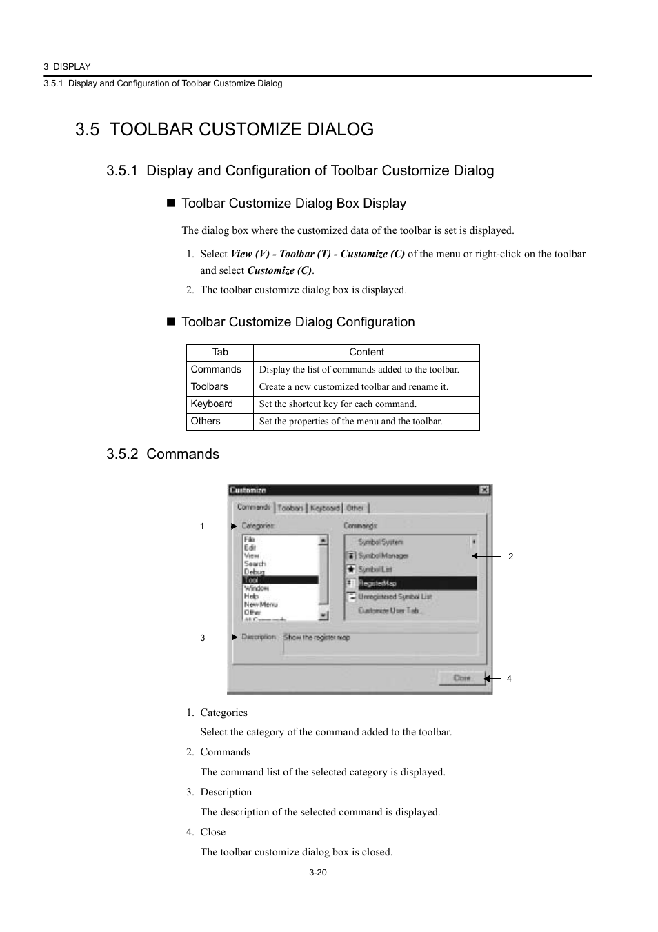 5 toolbar customize dialog, 2 commands, Toolbar customize dialog box display | Toolbar customize dialog configuration | Yaskawa MP900 Series Machine Controller New Ladder Editor User Manual | Page 118 / 226
