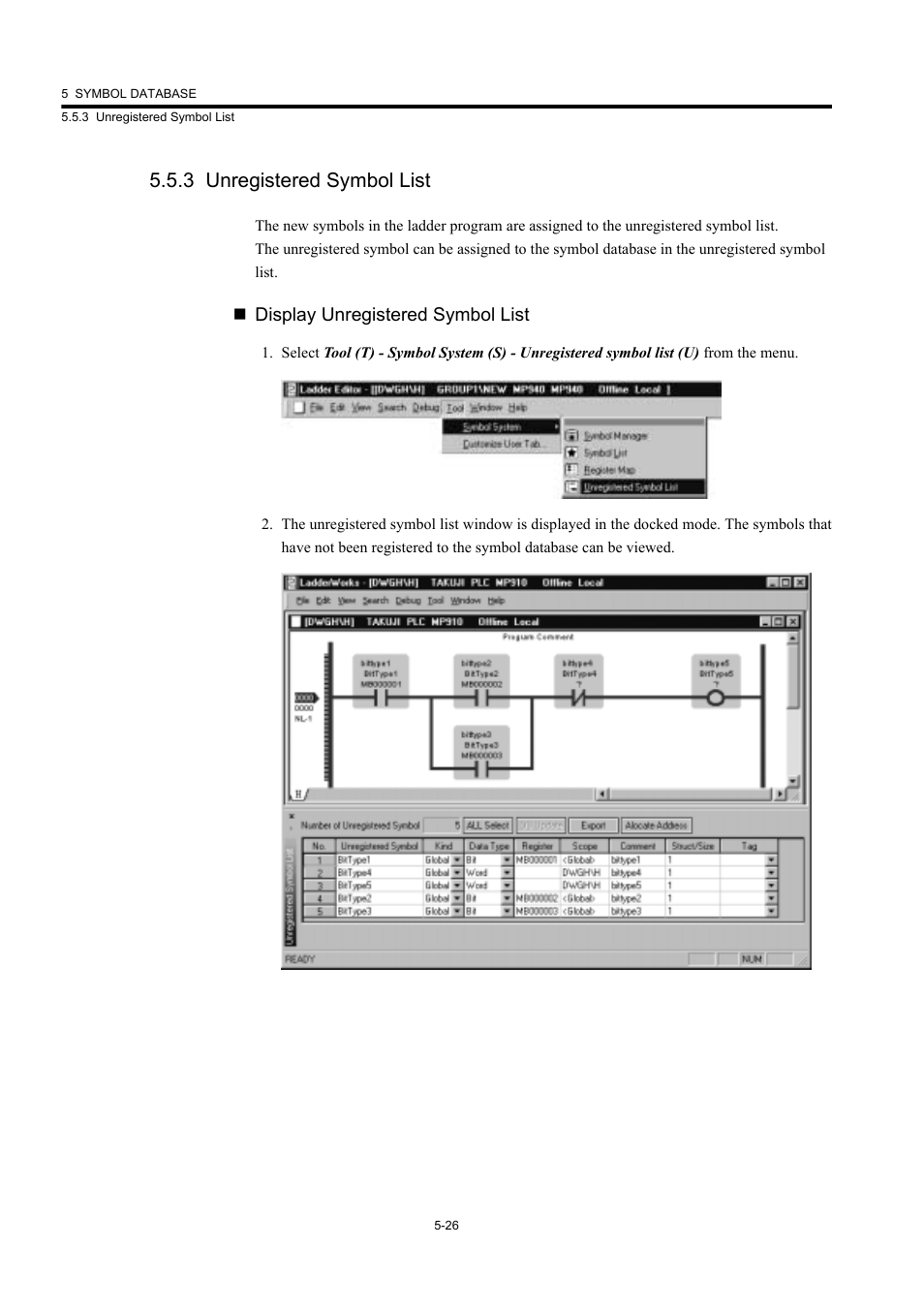 3 unregistered symbol list, Display unregistered symbol list | Yaskawa MP900 Series Machine Controller New Ladder Editor User Manual | Page 173 / 226