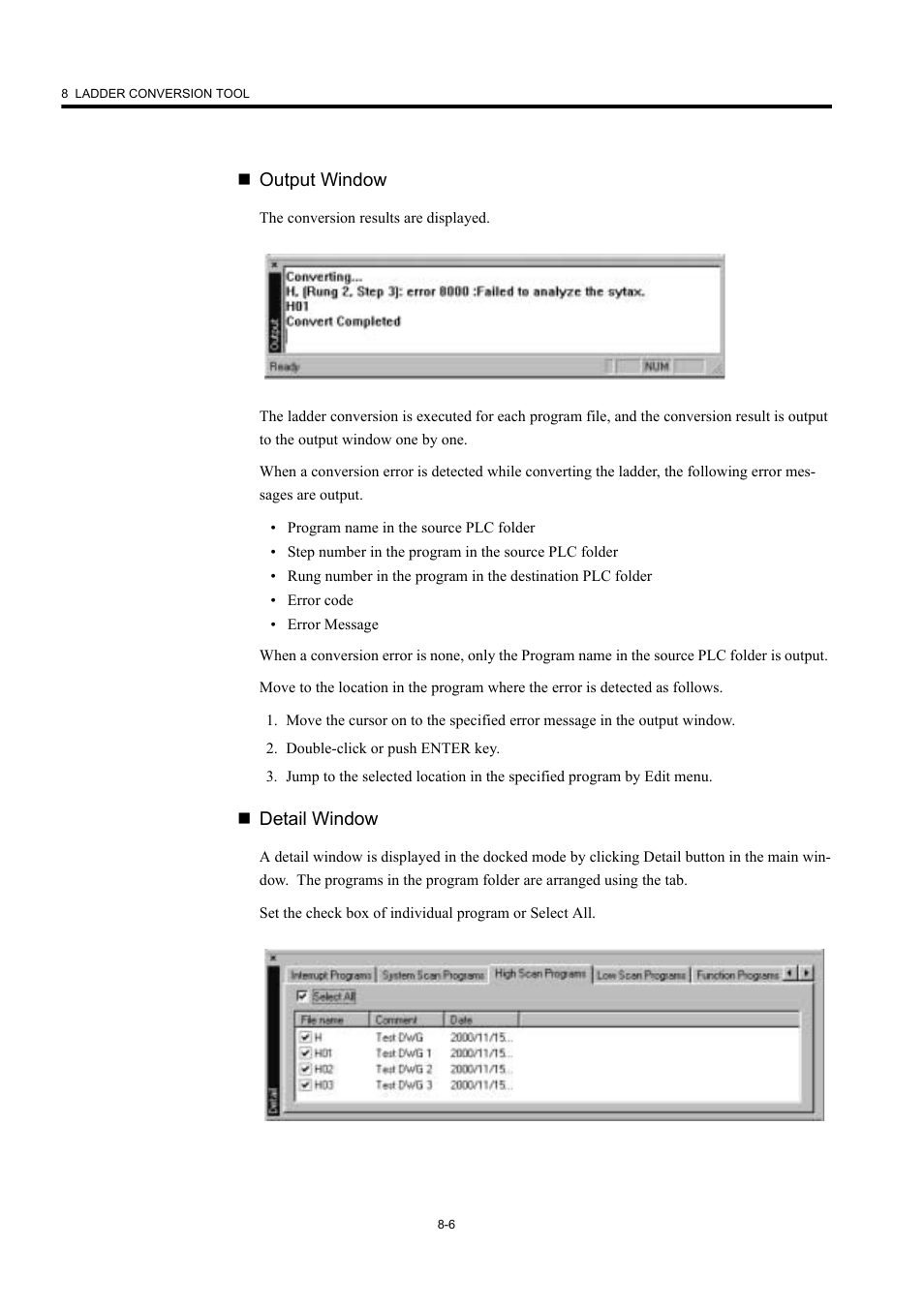 Output window, Detail window | Yaskawa MP900 Series Machine Controller New Ladder Editor User Manual | Page 211 / 226