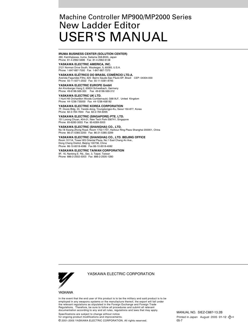 Back cover, User's manual, New ladder editor | Yaskawa MP900 Series Machine Controller New Ladder Editor User Manual | Page 226 / 226