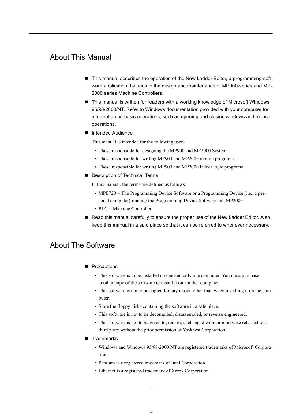 About this manual, About the software | Yaskawa MP900 Series Machine Controller New Ladder Editor User Manual | Page 3 / 226