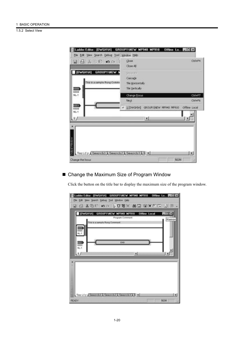 Change the maximum size of program window | Yaskawa MP900 Series Machine Controller New Ladder Editor User Manual | Page 30 / 226