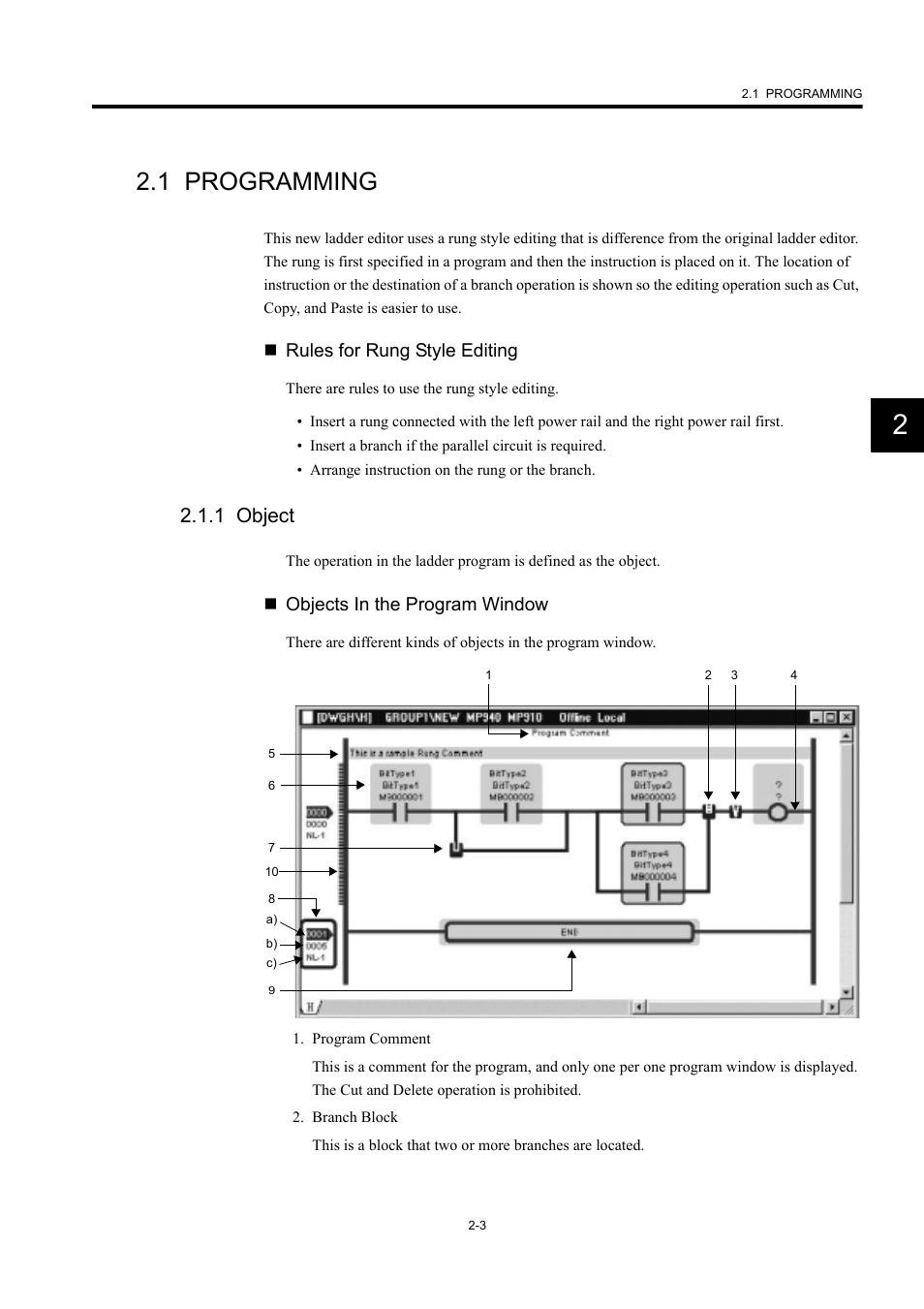 1 programming, 1 object, Rules for rung style editing | Objects in the program window | Yaskawa MP900 Series Machine Controller New Ladder Editor User Manual | Page 38 / 226