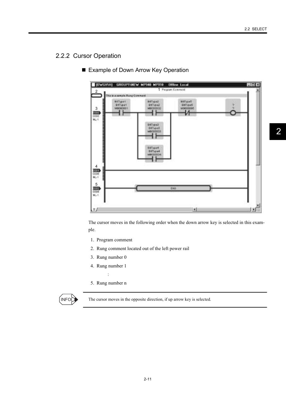 2 cursor operation, Example of down arrow key operation | Yaskawa MP900 Series Machine Controller New Ladder Editor User Manual | Page 46 / 226