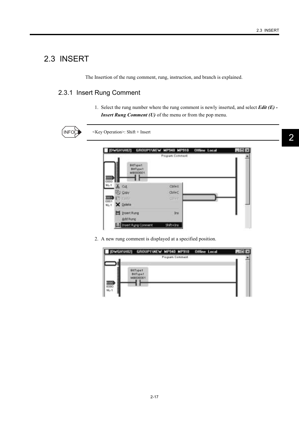 3 insert, 1 insert rung comment | Yaskawa MP900 Series Machine Controller New Ladder Editor User Manual | Page 52 / 226