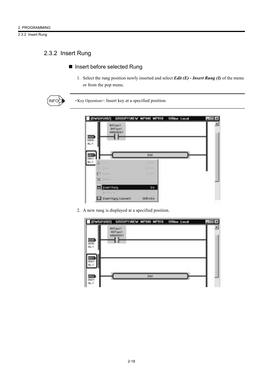 2 insert rung, Insert before selected rung | Yaskawa MP900 Series Machine Controller New Ladder Editor User Manual | Page 53 / 226