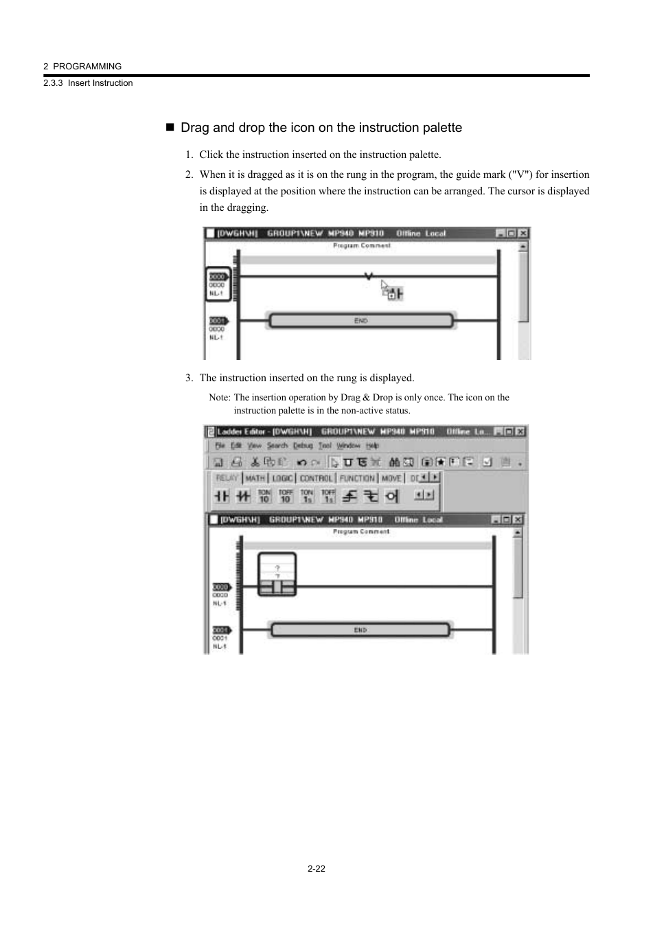 Drag and drop the icon on the instruction palette | Yaskawa MP900 Series Machine Controller New Ladder Editor User Manual | Page 57 / 226
