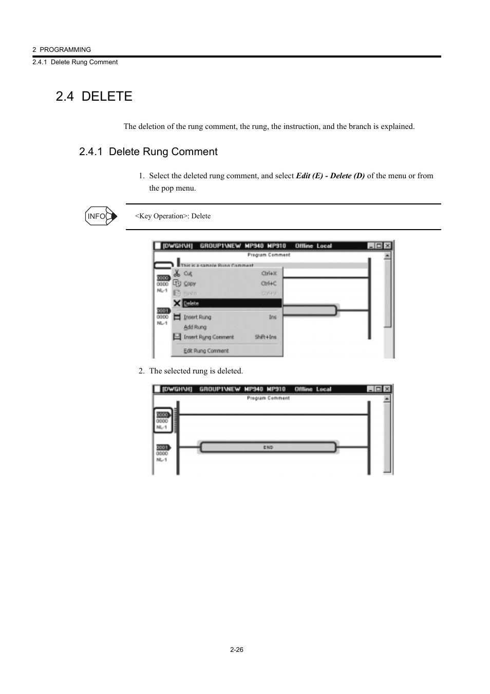 4 delete, 1 delete rung comment | Yaskawa MP900 Series Machine Controller New Ladder Editor User Manual | Page 61 / 226