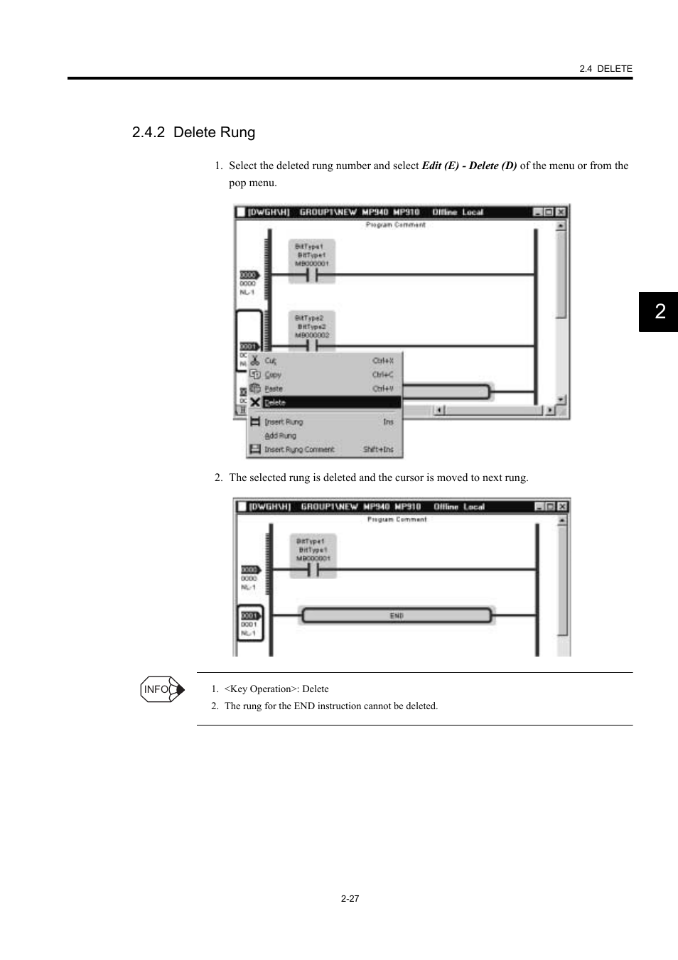 2 delete rung | Yaskawa MP900 Series Machine Controller New Ladder Editor User Manual | Page 62 / 226