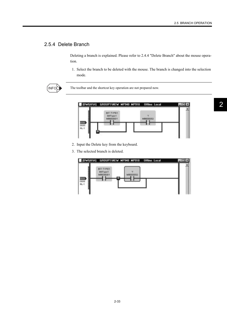 4 delete branch | Yaskawa MP900 Series Machine Controller New Ladder Editor User Manual | Page 68 / 226