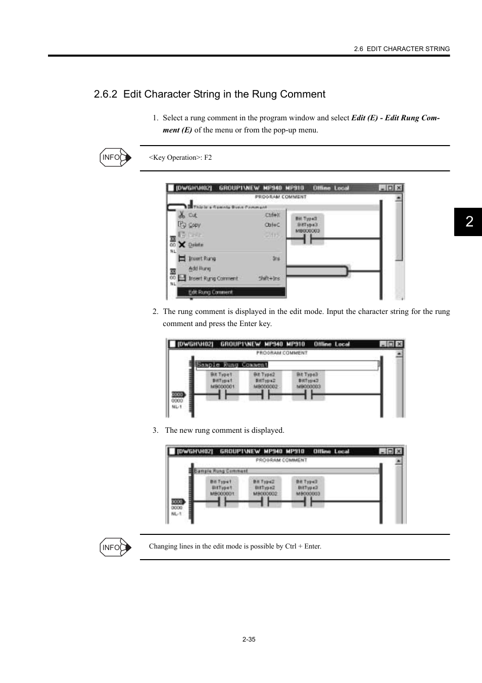 2 edit character string in the rung comment | Yaskawa MP900 Series Machine Controller New Ladder Editor User Manual | Page 70 / 226