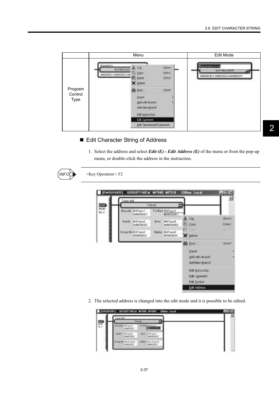 Edit character string of address | Yaskawa MP900 Series Machine Controller New Ladder Editor User Manual | Page 72 / 226