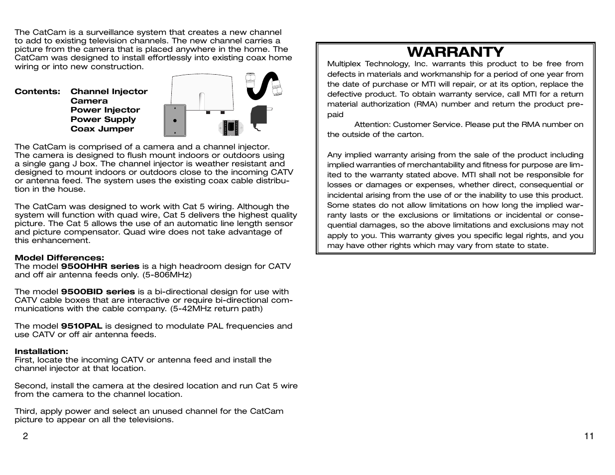 Warranty | Channel Plus CAT CAM 9511BID B&W User Manual | Page 2 / 6